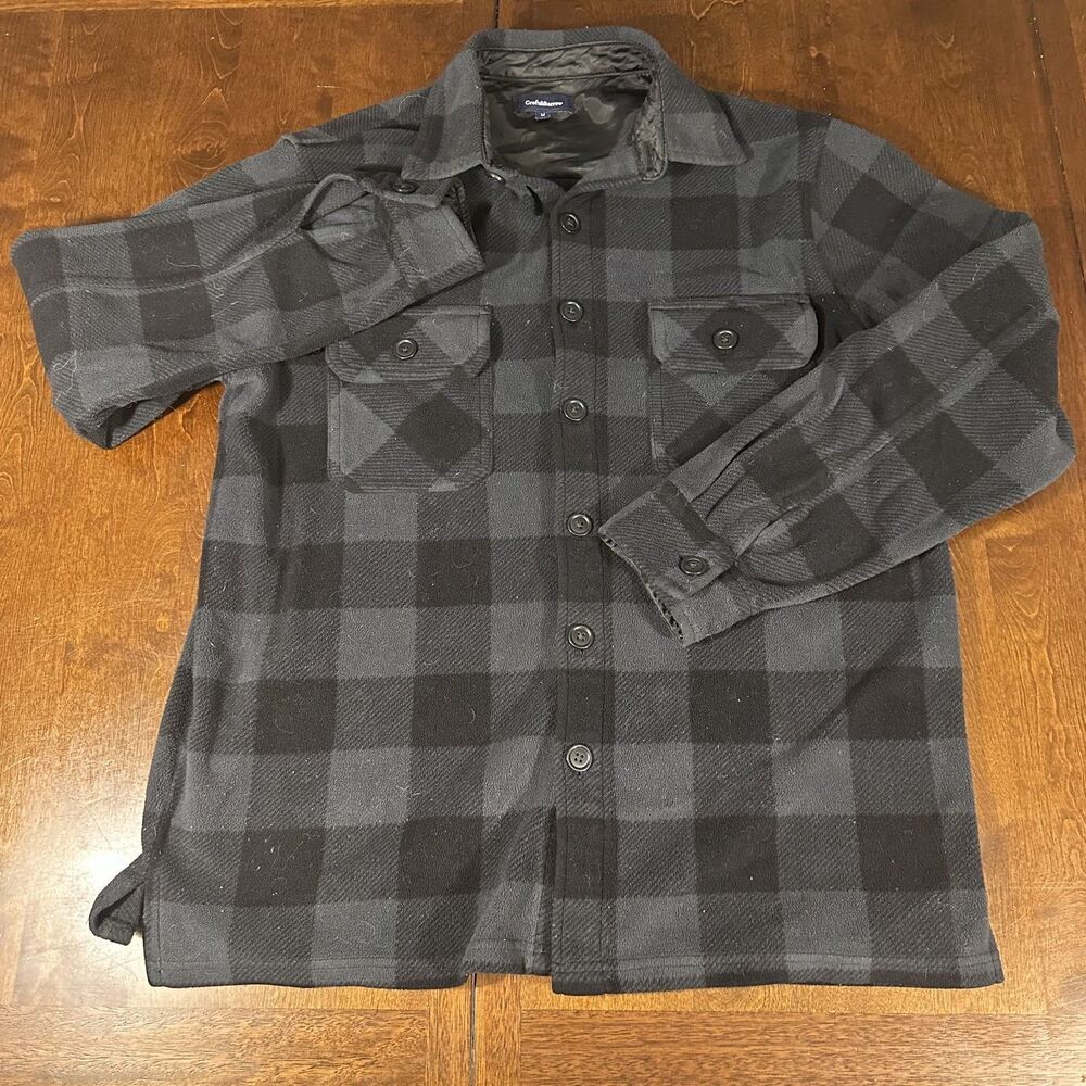 Croft & Barrel Plaid Black/Grey Flannel Fleece Button Down Shirt Size Medium